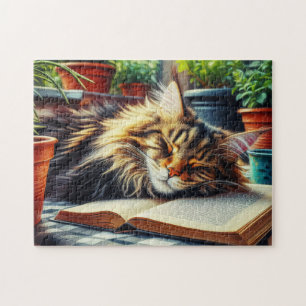 Puzzle Maine Coon Tabby Chat Dormir dans un jardin