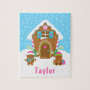 Puzzle Maison en pain d'épice de Noël rose et bleu