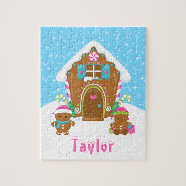 Puzzle Maison en pain d'épice de Noël rose et bleu (Vertical)
