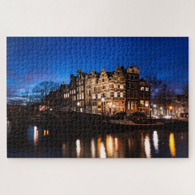 Puzzle Maisons de canal de ville d'Amsterdam la nuit (Horizontal)