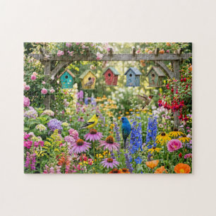 Puzzle Maisons d'oiseaux, oiseaux vifs et fleurs épanouie