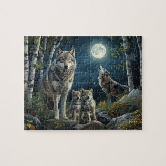 Puzzle Majestic Wolf Family Full Moon Birch Forest