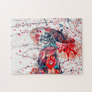 Puzzle Majestueuse chatte geisha parmi les fleurs de ceri