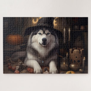 Puzzle Malamute d'Alaska Citrouilles Halloween Épouvantab