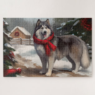 Puzzle Malamute d'Alaska dans la neige Noël