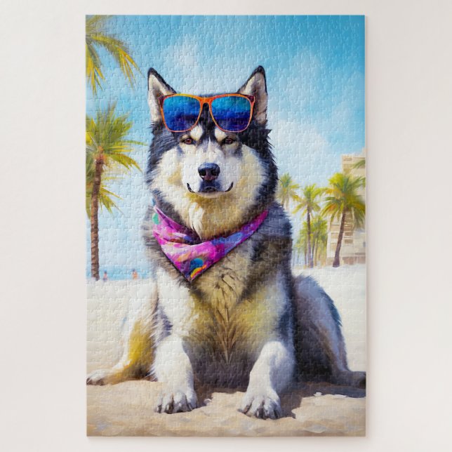 Puzzle Malamute d'Alaska sur la plage, cadeau d'été (Vertical)