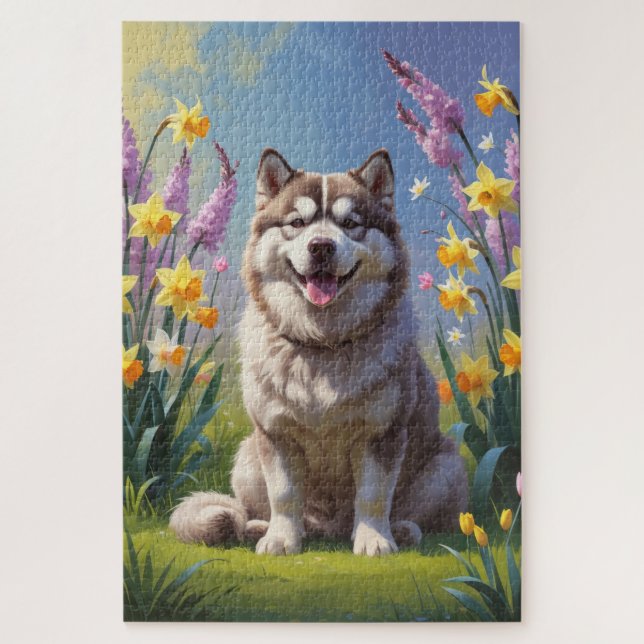 Puzzle Malamute de chien de l'Alaska Fleurs de printemps  (Vertical)
