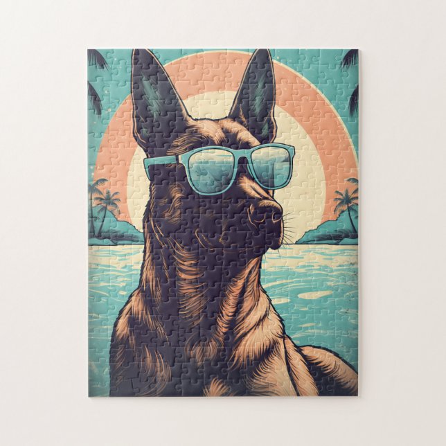 Puzzle Malinois belge à la plage tropicale au coucher du  (Vertical)