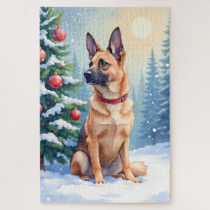 Puzzle Malinois belge aquarelle Noël Evergreen