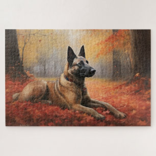 Puzzle Malinois belge dans les feuilles d'automne qui tom