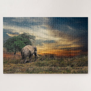 Puzzle Marche des éléphants au coucher du soleil