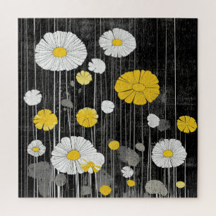 Puzzle Marguerites blanches et jaunes sur fond gris noir