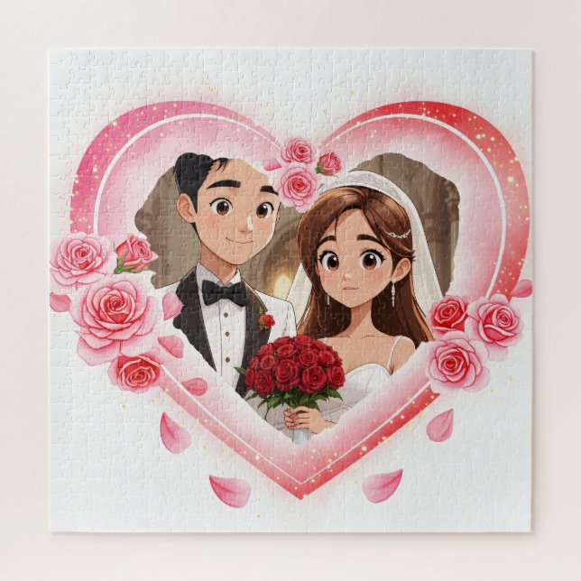 Puzzle Mariage personnalisé - Coeur d'aquarelle romantiqu (Vertical)