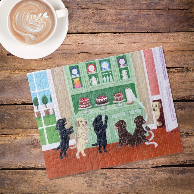 Puzzle Marionnettes du Labrador (Cupboard Labrador Puppies Jigsaw Puzzle featuring Lab Puppies in action in the kitchen.  )