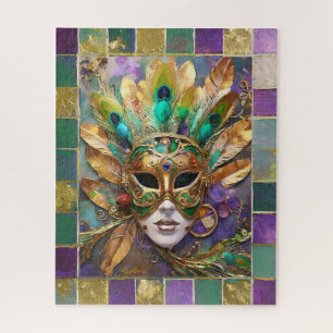 Puzzle Masque de plumes de paon vert et or de Mardi Gras