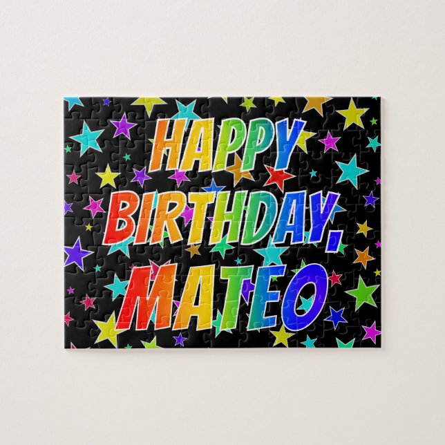 Puzzle "MATEO" Prénom, Amusant "HEUREUX ANNIVERSAIRE" (Horizontal)