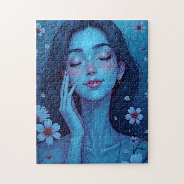 Puzzle Méditation Anime Bleu Femme Florale (Vertical)