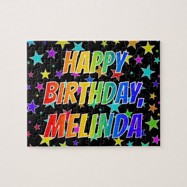 Puzzle "MELINDA" Prénom, Amusant "HEUREUX ANNIVERSAIRE" (Horizontal)