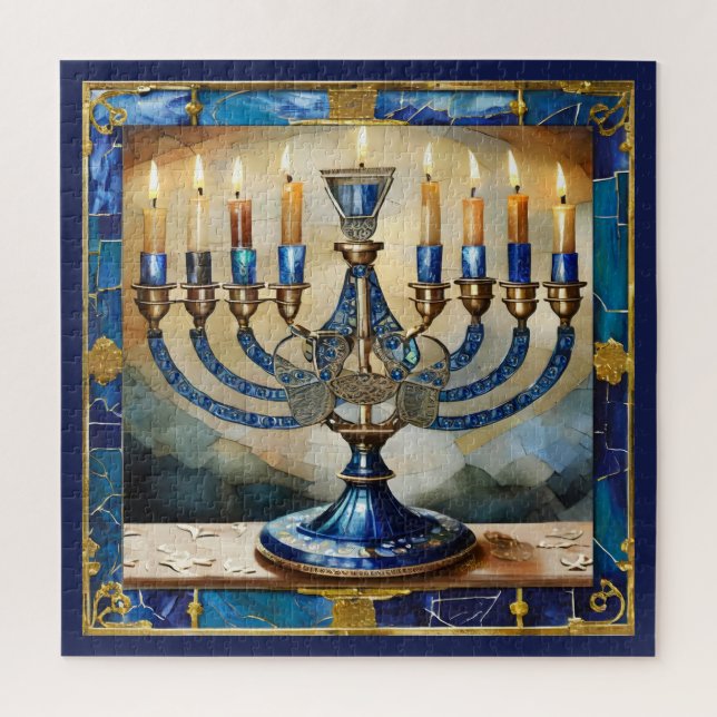Puzzle Menorah de Hanukkah bleue (Vertical)