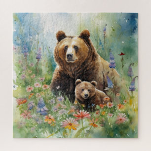 Puzzle Mère Bear Cub Champ de fleurs Peinture