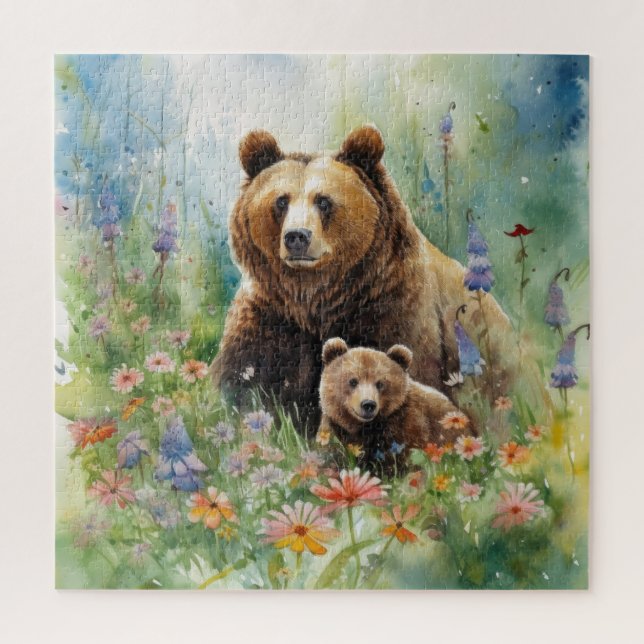 Puzzle Mère Bear Cub Champ de fleurs Peinture (Vertical)
