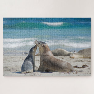 Puzzle Mère & mignonne plage de sealion bébé, 1014 pièces