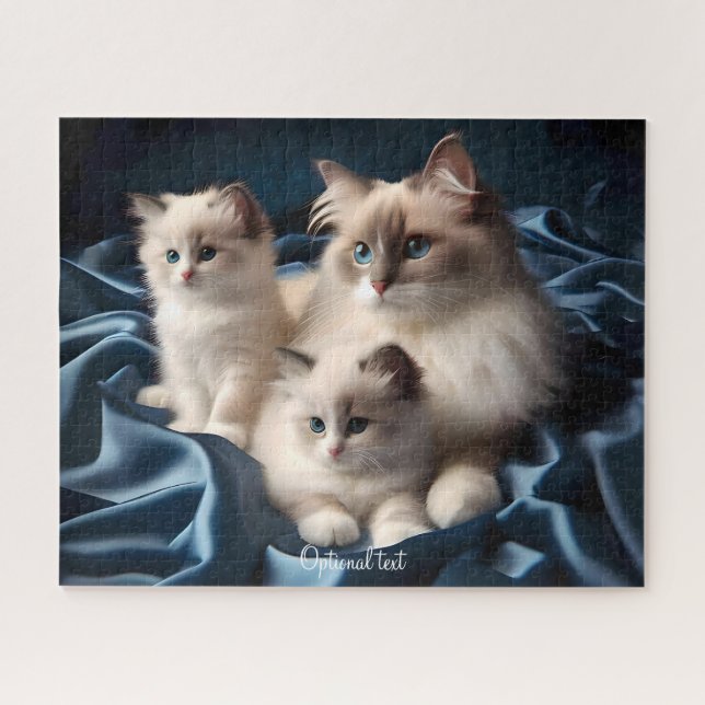 Puzzle Mère Ragdoll Chat et chatons en bleu (Horizontal)