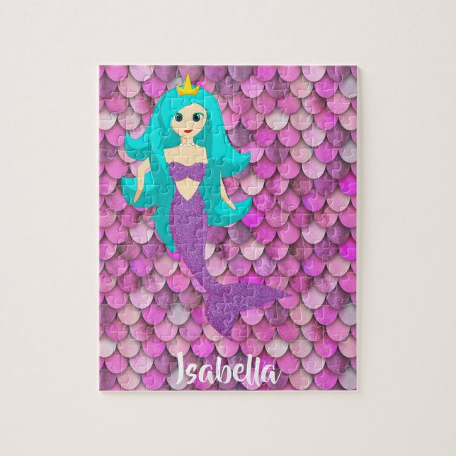 Puzzle Mermaid écailles princesse rose violet nom de fill (Vertical)