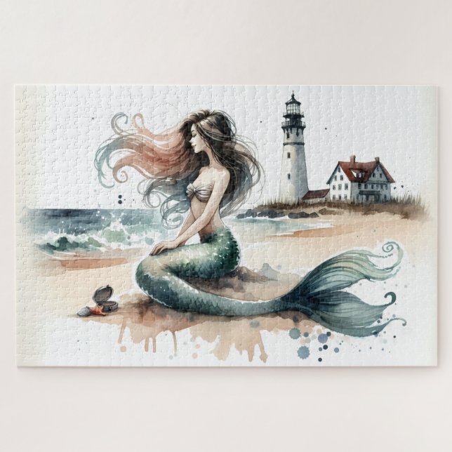 Puzzle Mermaid Lighthouse Coastal Watercolor Scene (Horizontal)