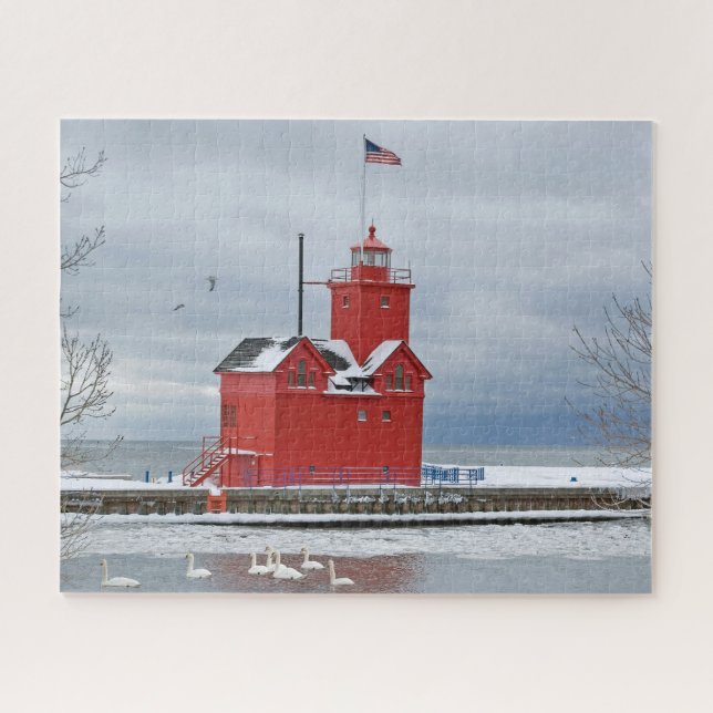 Puzzle Michigan Big Red Lighthouse avec cygnes (Horizontal)