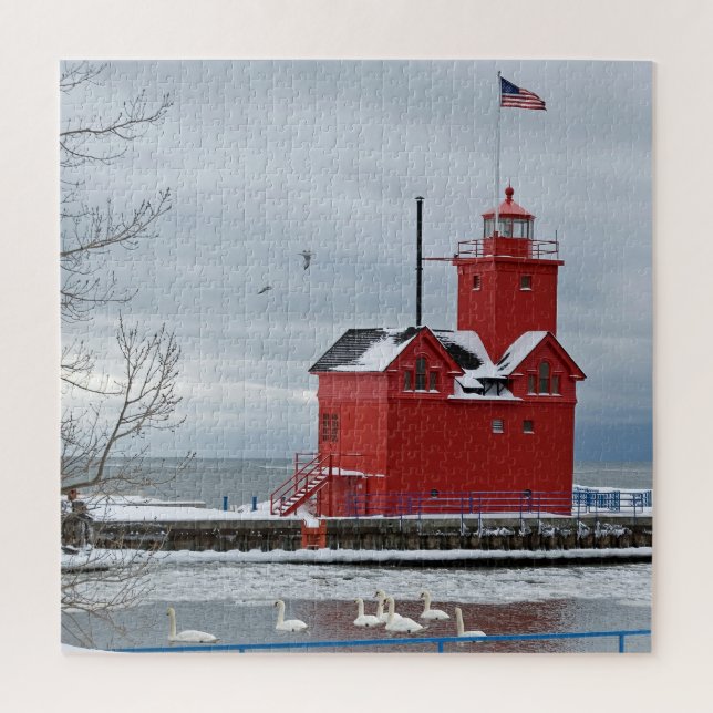 Puzzle Michigan Red Lighthouse avec Swans (Vertical)