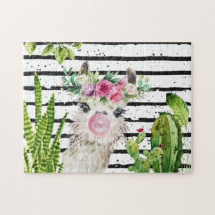 Puzzle Mignon lama à l'aquarelle   Cactus floral & Rayure