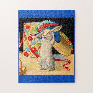 Puzzle mignon petit lapin blanc portant grand casquette