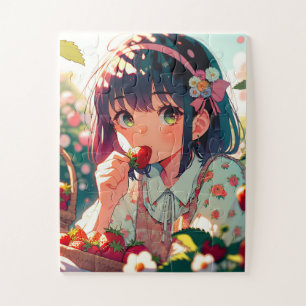 Puzzle Mignonne Anime Girl Mange des fraises   Jour d'été