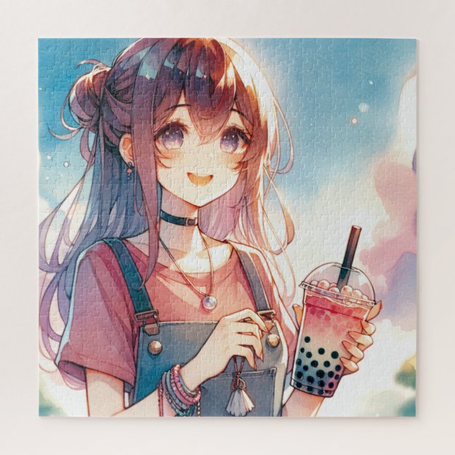 Puzzle Mignonne fille Anime tenant un Boba Tea (Vertical)