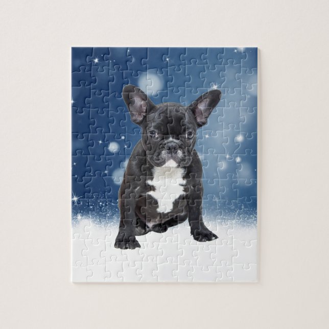 Puzzle Mignonne French Bulldog Etoiles de neige Bleu Noël (Vertical)