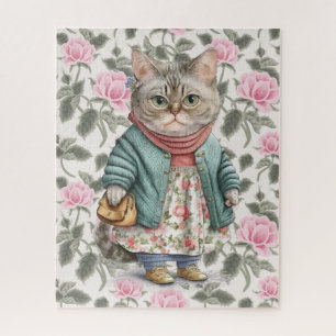 Puzzle Mignonne grand-mère chat robe fleurie rose pull
