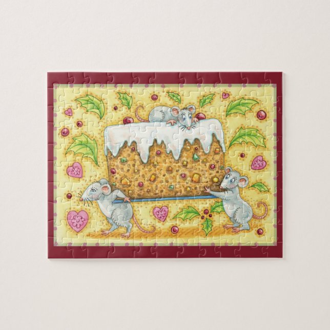 Puzzle Mignonne souris de Noël portant un dessert de gâte (Horizontal)