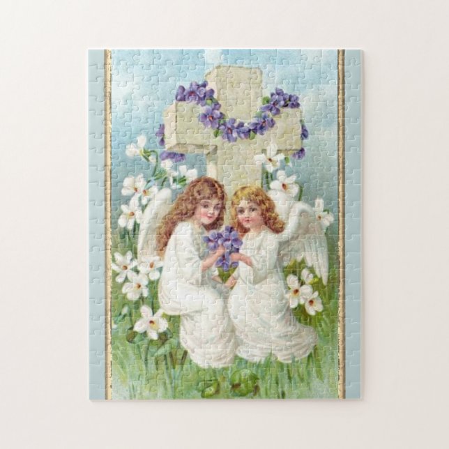 Puzzle Mignons Anges Avec Croix Et Fleurs (Vertical)
