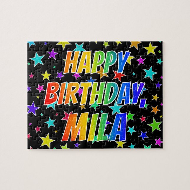 Puzzle "MILA" Prénom, Amusant "HEUREUX ANNIVERSAIRE" (Horizontal)