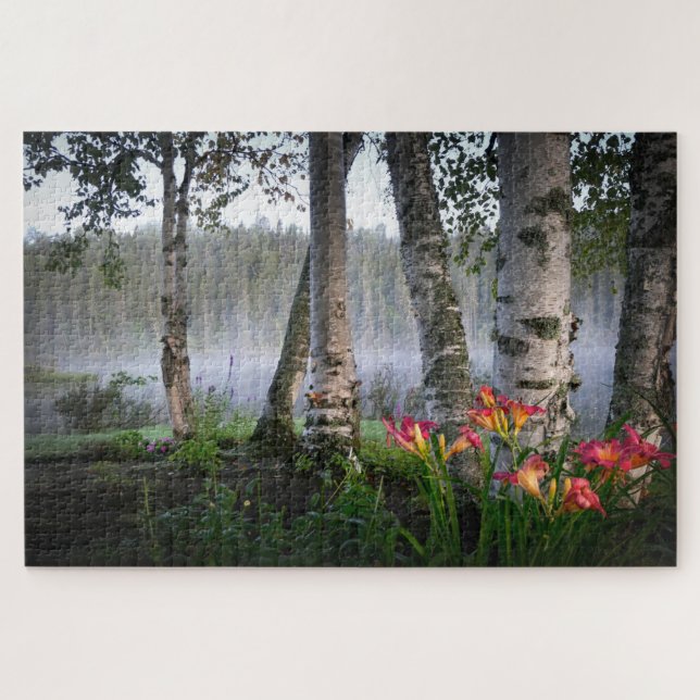 Puzzle Misty Morning Lake Birch Trees Nature Paysage (Horizontal)