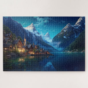Puzzle mit charmantem Dorf in den Alpen, Europa.