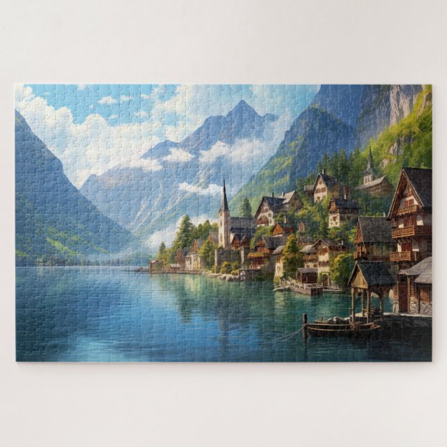 Puzzle mit charmantem Dorf in den Alpen, Europa. (Horizontal)