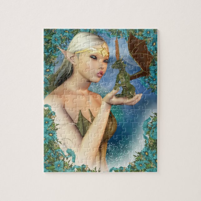 Puzzle mit Fantasie-Elf und niedlichem Drachen (Vertikal)