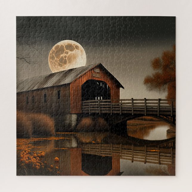 Puzzle mit gedeckter Brücke und Harvest Moon (Vertikal)