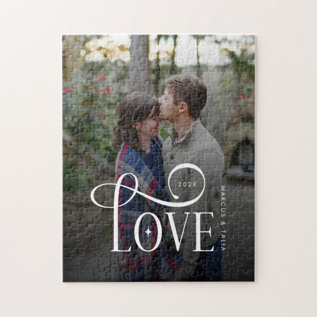Puzzle Modern Script Love Custom Engaged Couples Photo (Vertical)
