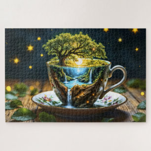 Puzzle Monde miniature en tasses à thé, art coloré