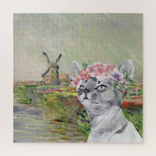 Puzzle Monet Champ Tulipes et Chat fantaisie