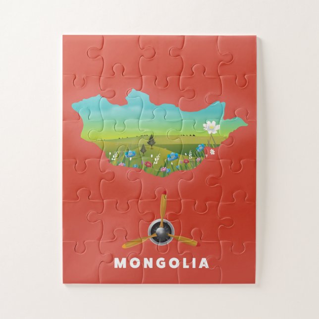 Puzzle Mongolie Carte illustrée affiche touristique. (Vertical)