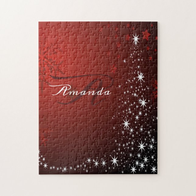 Puzzle Monogramme de Noël Etoiles blanches Arbre Red Snow (Vertical)